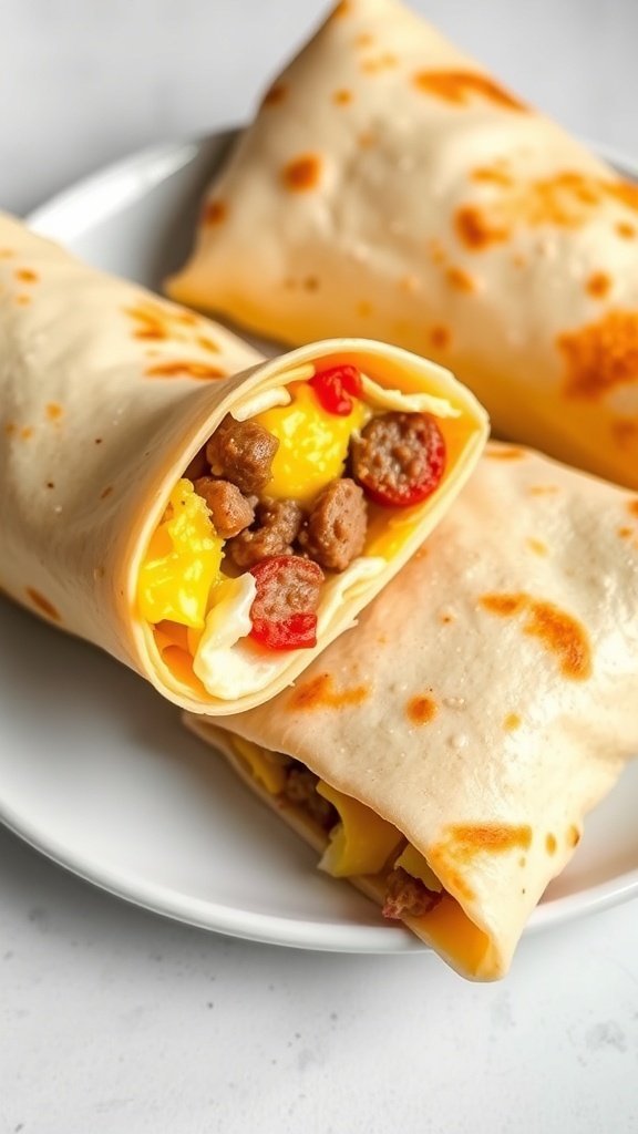 Two breakfast burritos filled with scrambled eggs, sausage, and vegetables on a plate.