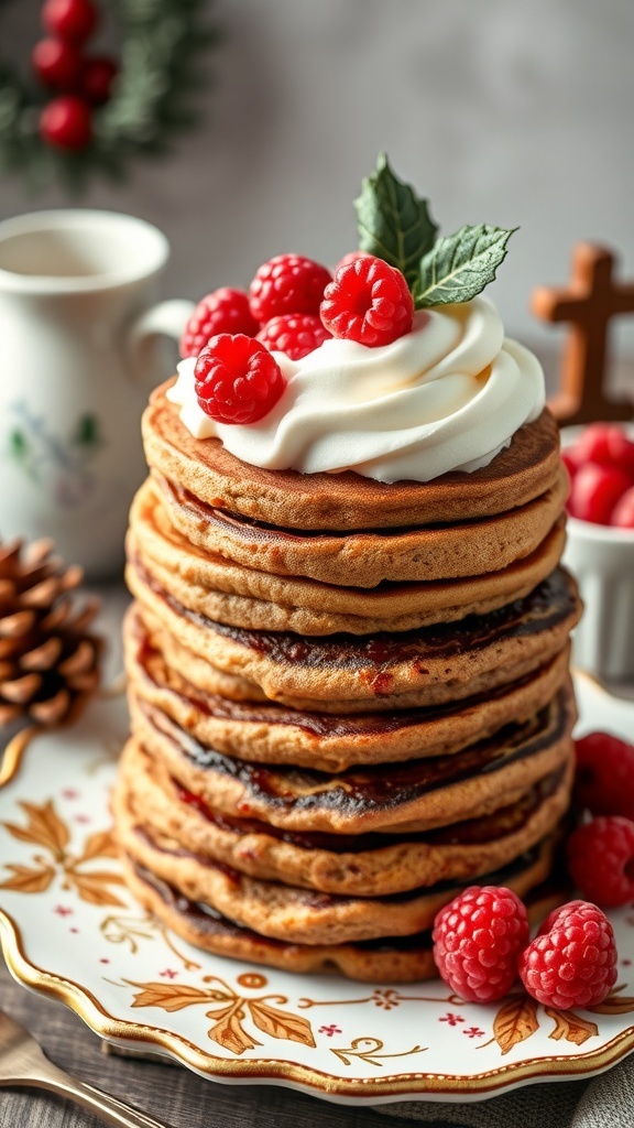 A stack of fruitcake pancakes topped with whipped cream and raspberries, served on a decorative plate.