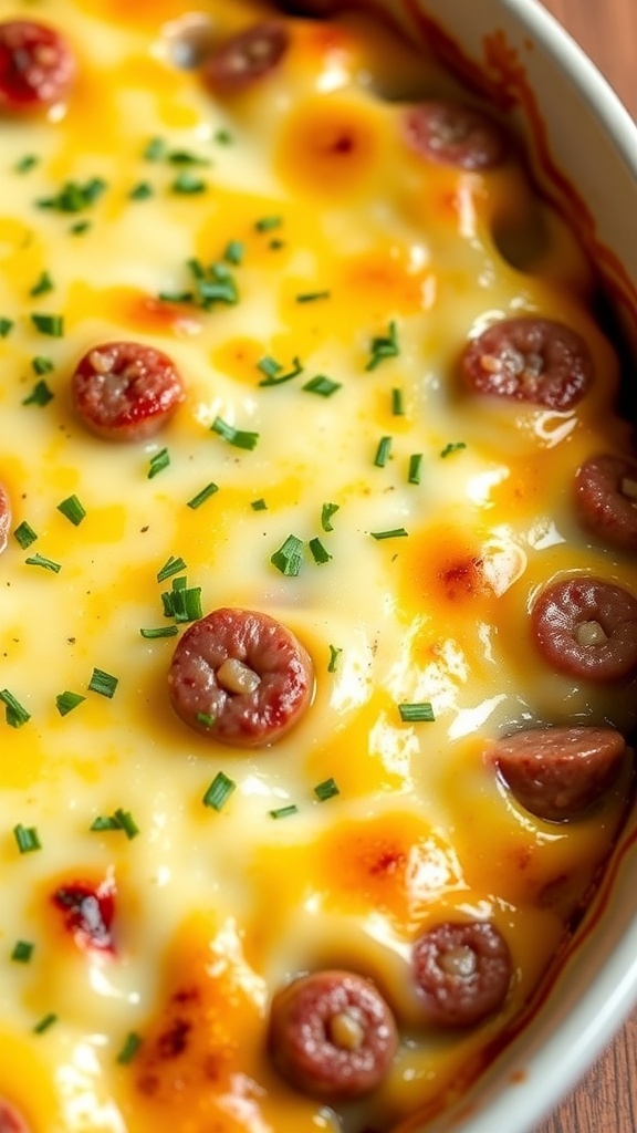 A delicious classic breakfast casserole topped with cheese and sausage slices.