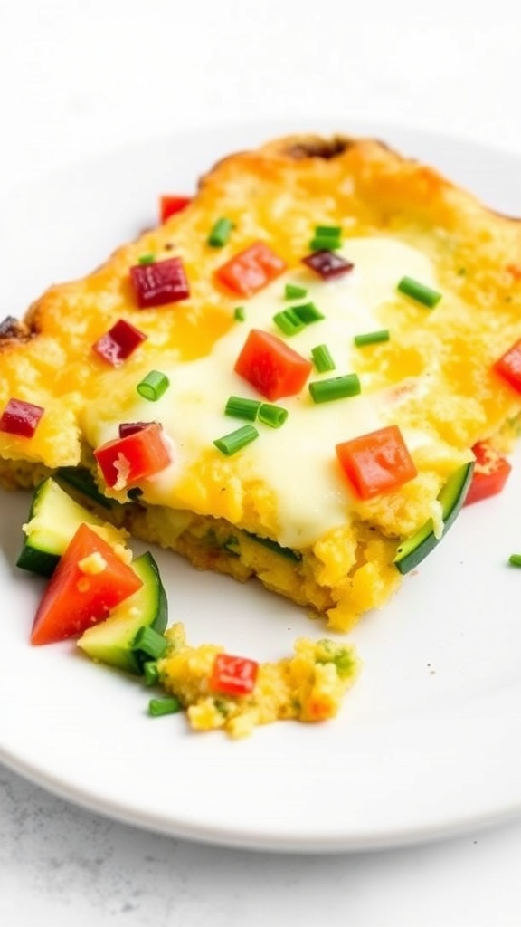 A delicious keto breakfast casserole with cheese, vegetables, and a slice taken out.