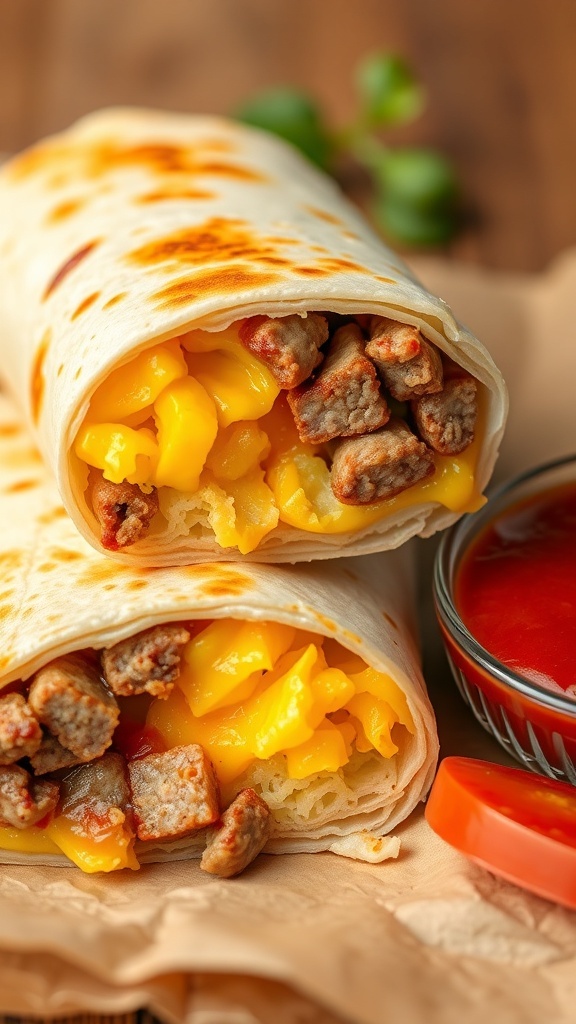 A close-up of a breakfast burrito filled with sausage and cheese, served with a side of ketchup.