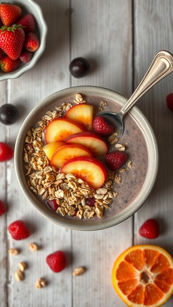 A colorful breakfast smoothie bowl topped with fruits and granola.
