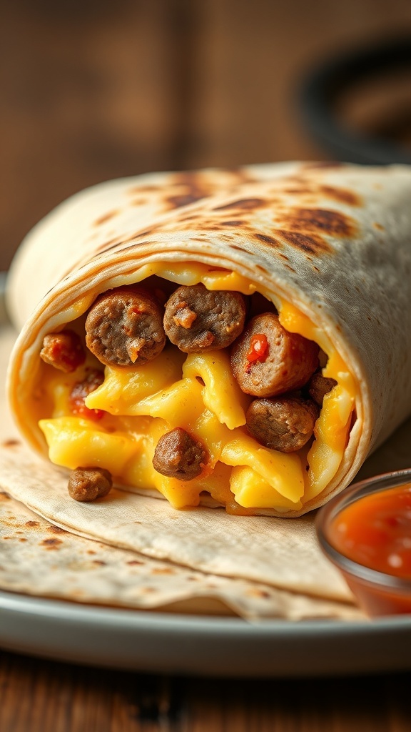 Breakfast burrito with sausage, eggs, and cheese