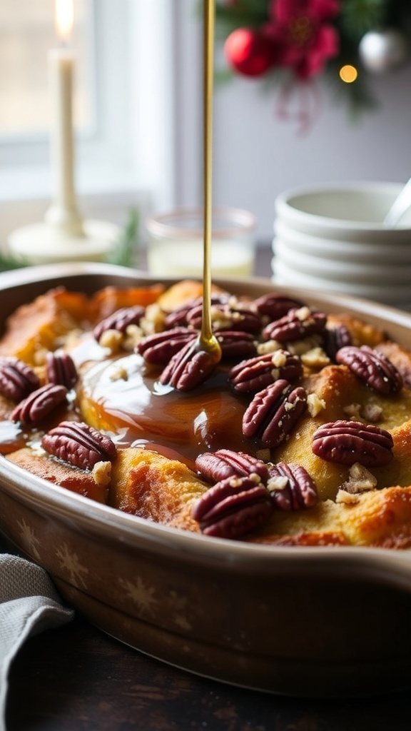 A delicious dish of Maple Pecan Overnight French Toast topped with pecans and syrup.