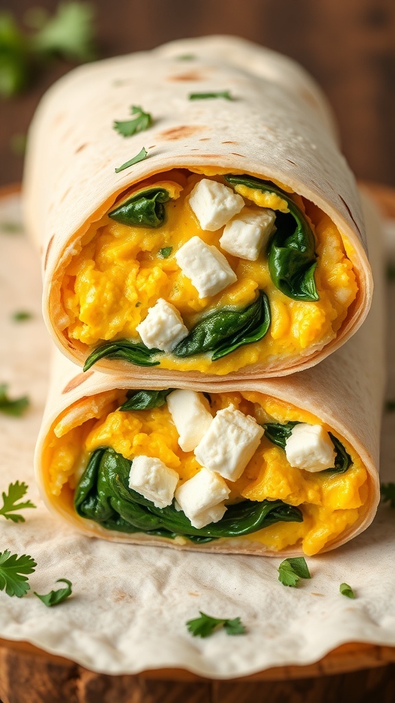 Mediterranean Breakfast Burrito with scrambled eggs, spinach, and feta cheese