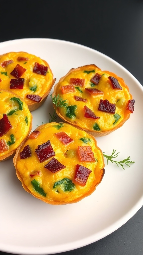 Three mini frittatas on a white plate, filled with eggs, bell peppers, and meat.