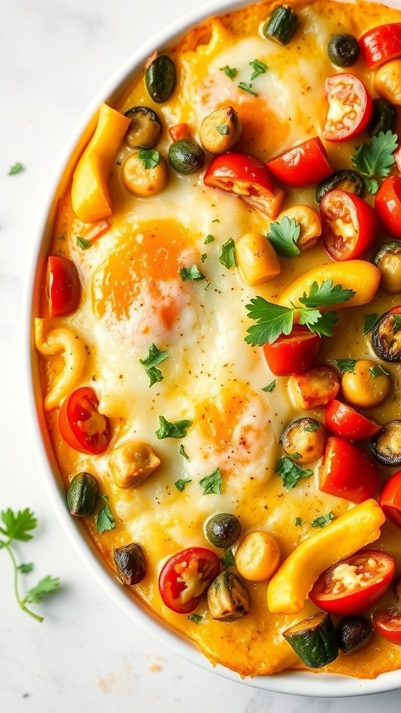 A delicious breakfast casserole with eggs, tomatoes, and colorful vegetables.