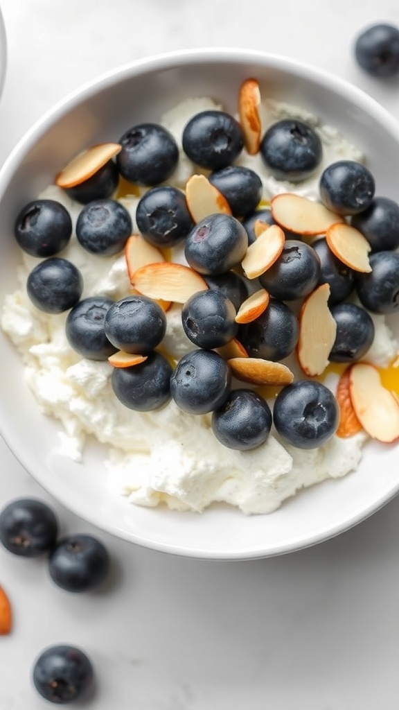 A bowl of cottage cheese topped with blueberries and almond slices