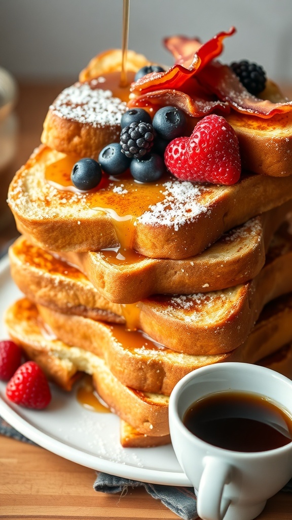 A stack of French toast topped with berries and syrup.