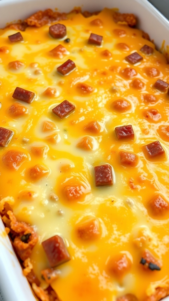 A close-up of a cheesy breakfast casserole topped with diced meats.