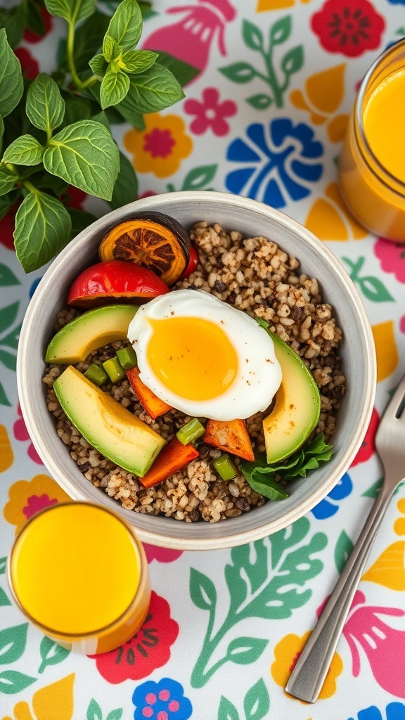 A colorful breakfast grain bowl with quinoa, avocado, poached egg, and fresh vegetables.