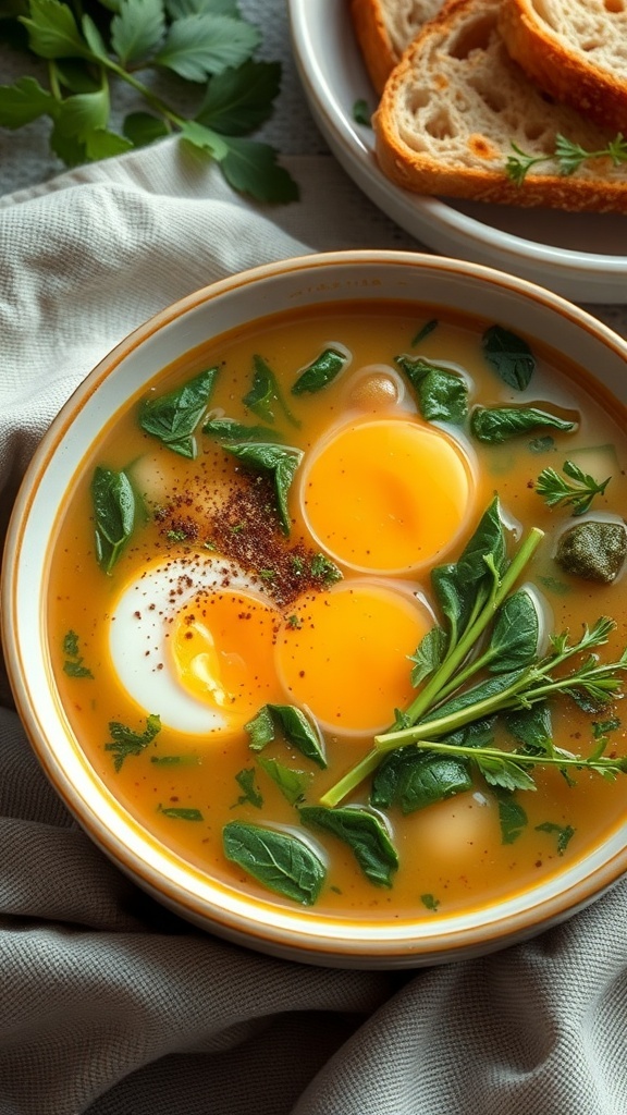 A comforting breakfast soup with eggs and spinach in a bowl