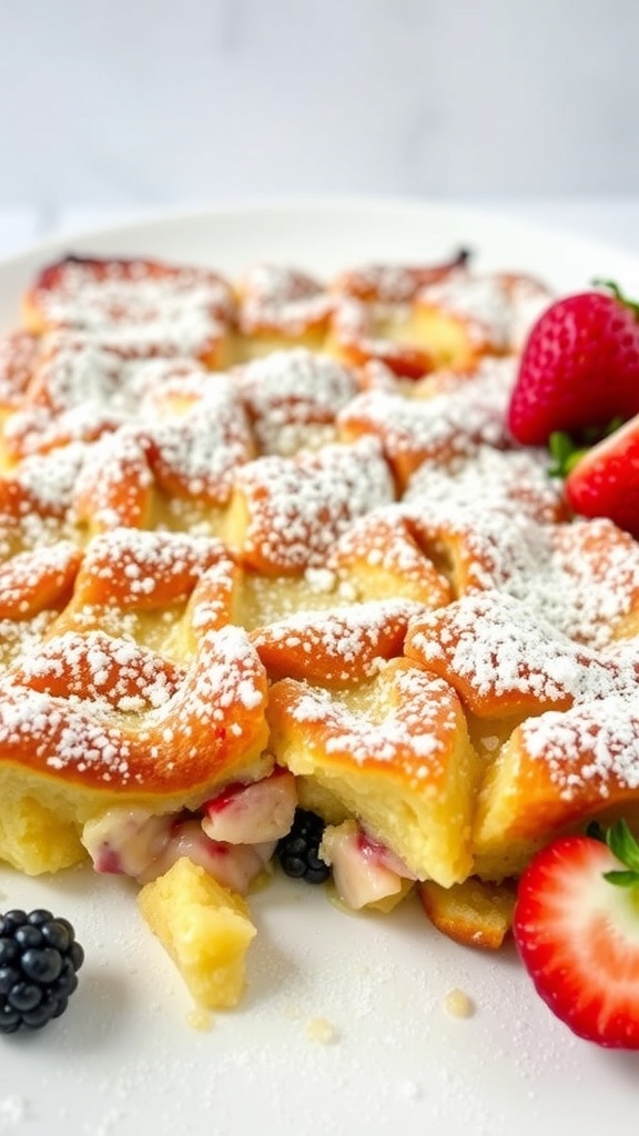 A delicious Overnight French Toast Casserole topped with powdered sugar and fresh berries.