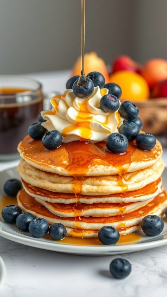 Stack of pancakes topped with blueberries and syrup
