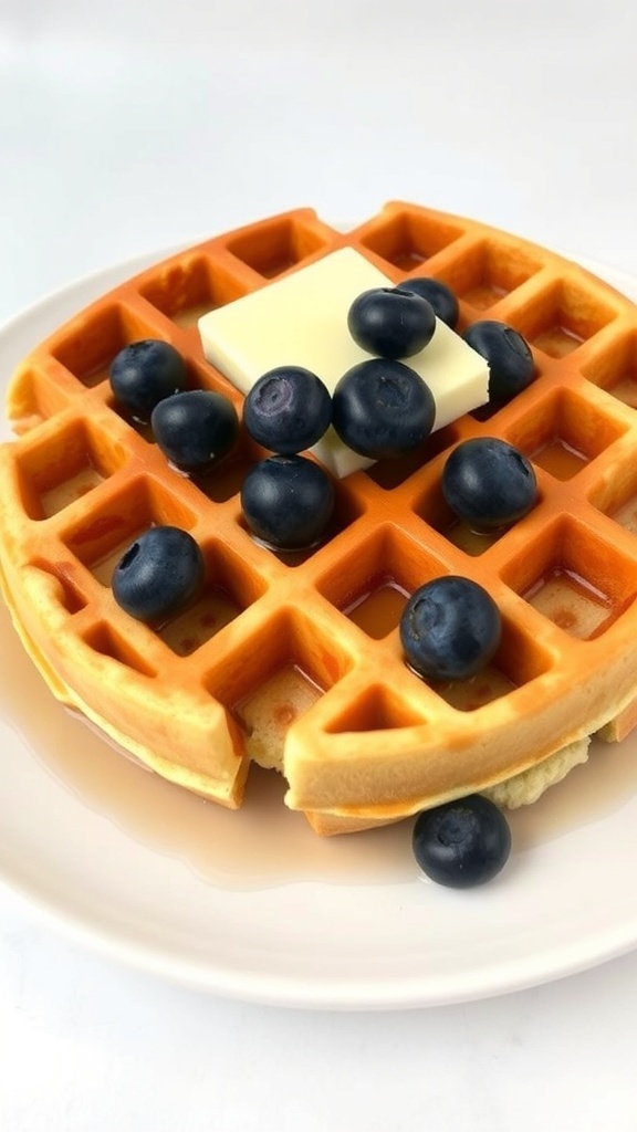 A delicious Belgium waffle topped with blueberries and butter on a plate.