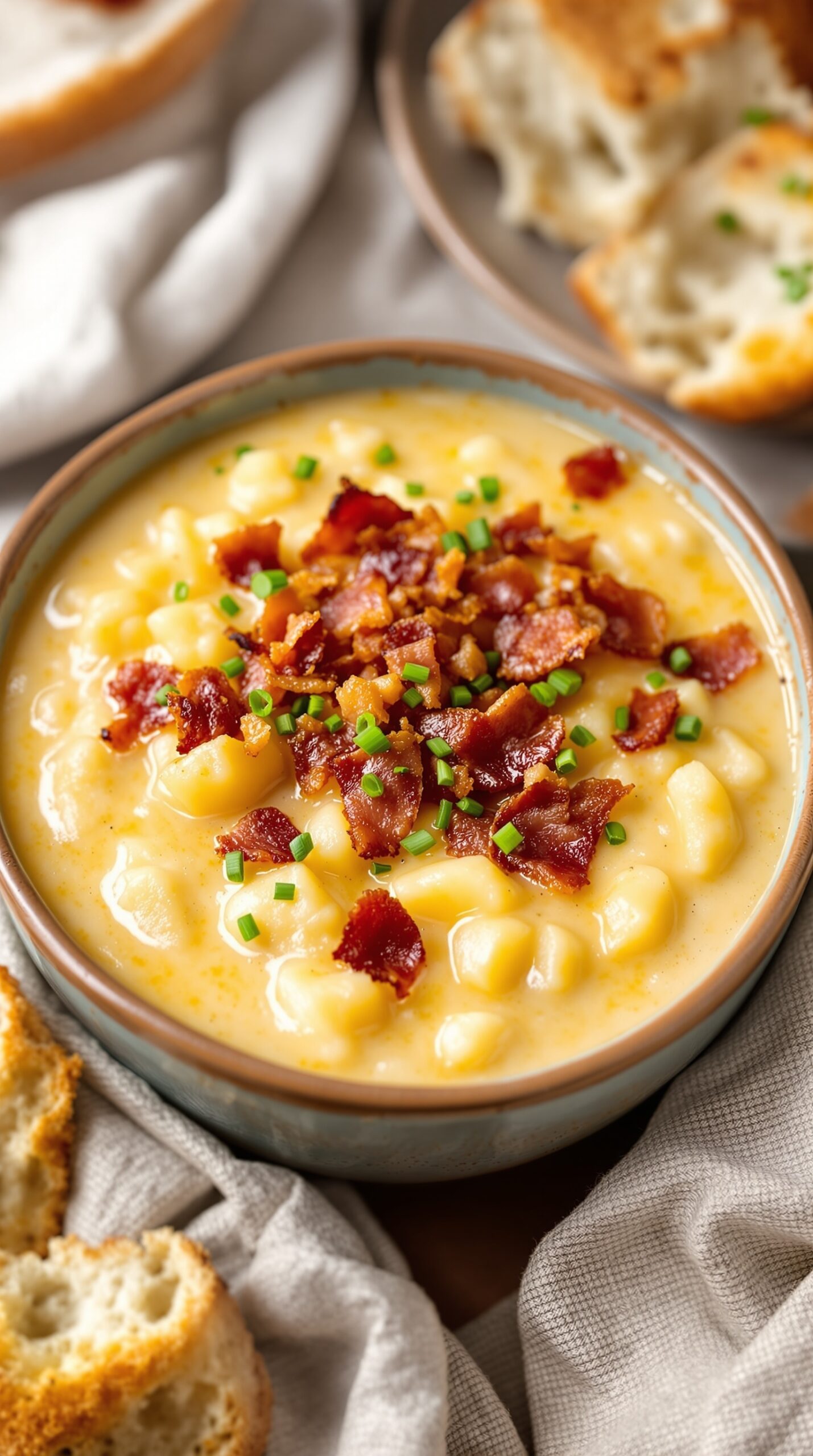 A bowl of smoky bacon and potato chowder topped with crispy bacon and chives, served with bread on the side.