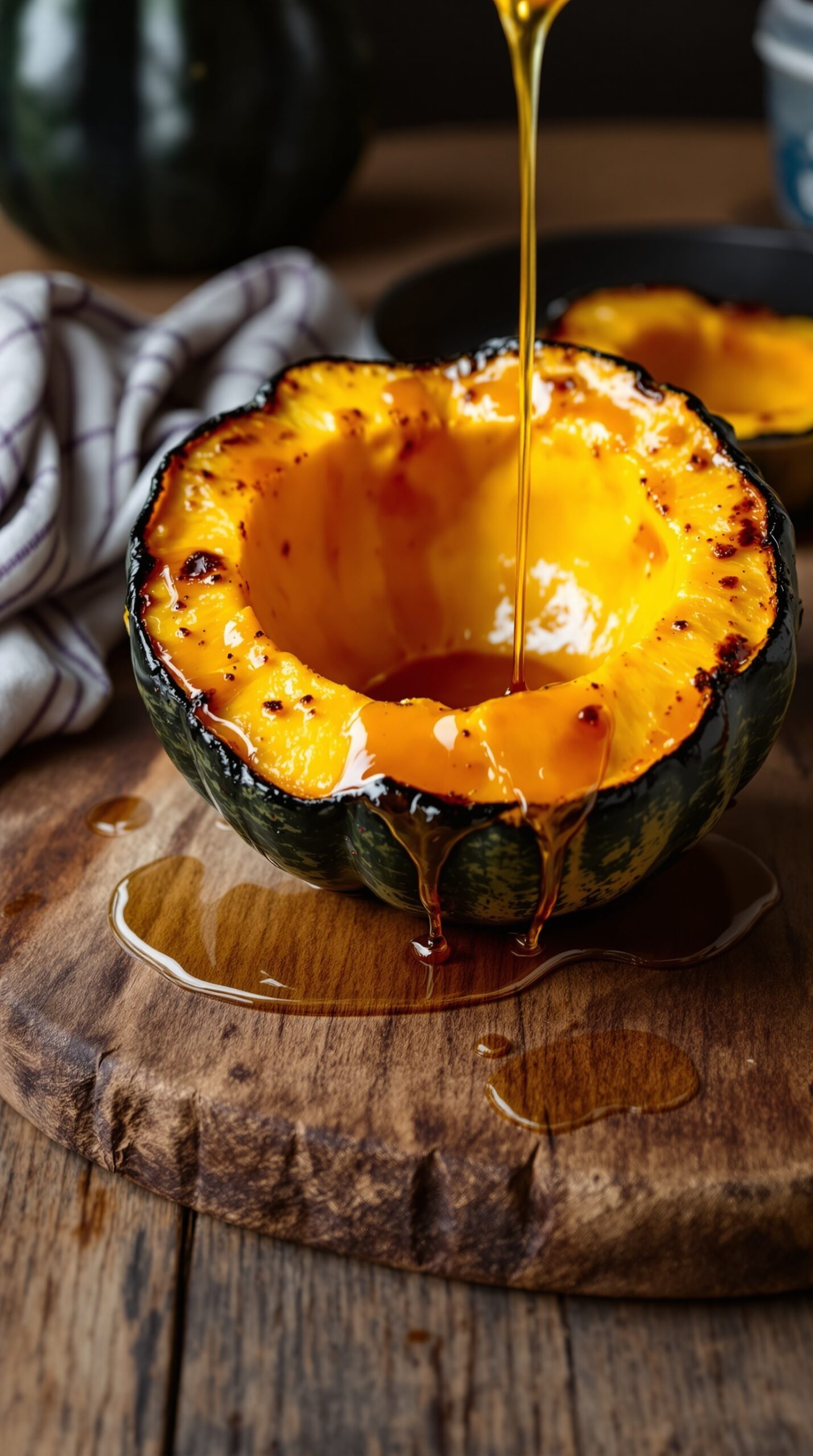 Roasted acorn squash half with maple glaze drizzling down