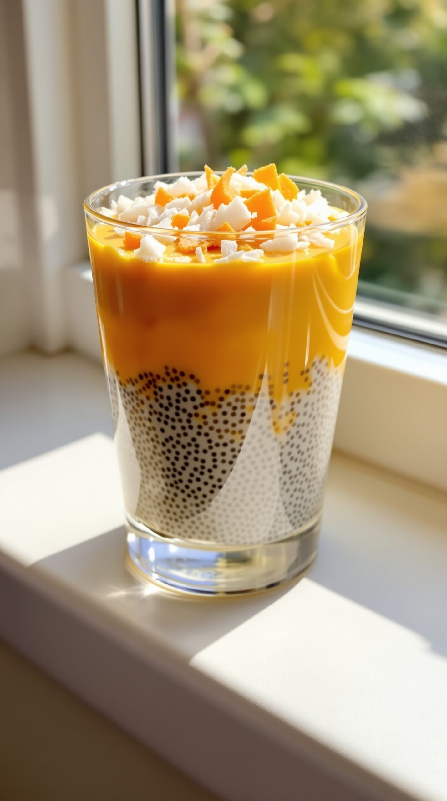 A glass of chia seed pudding layered with mango puree and topped with shredded coconut, sitting on a windowsill.