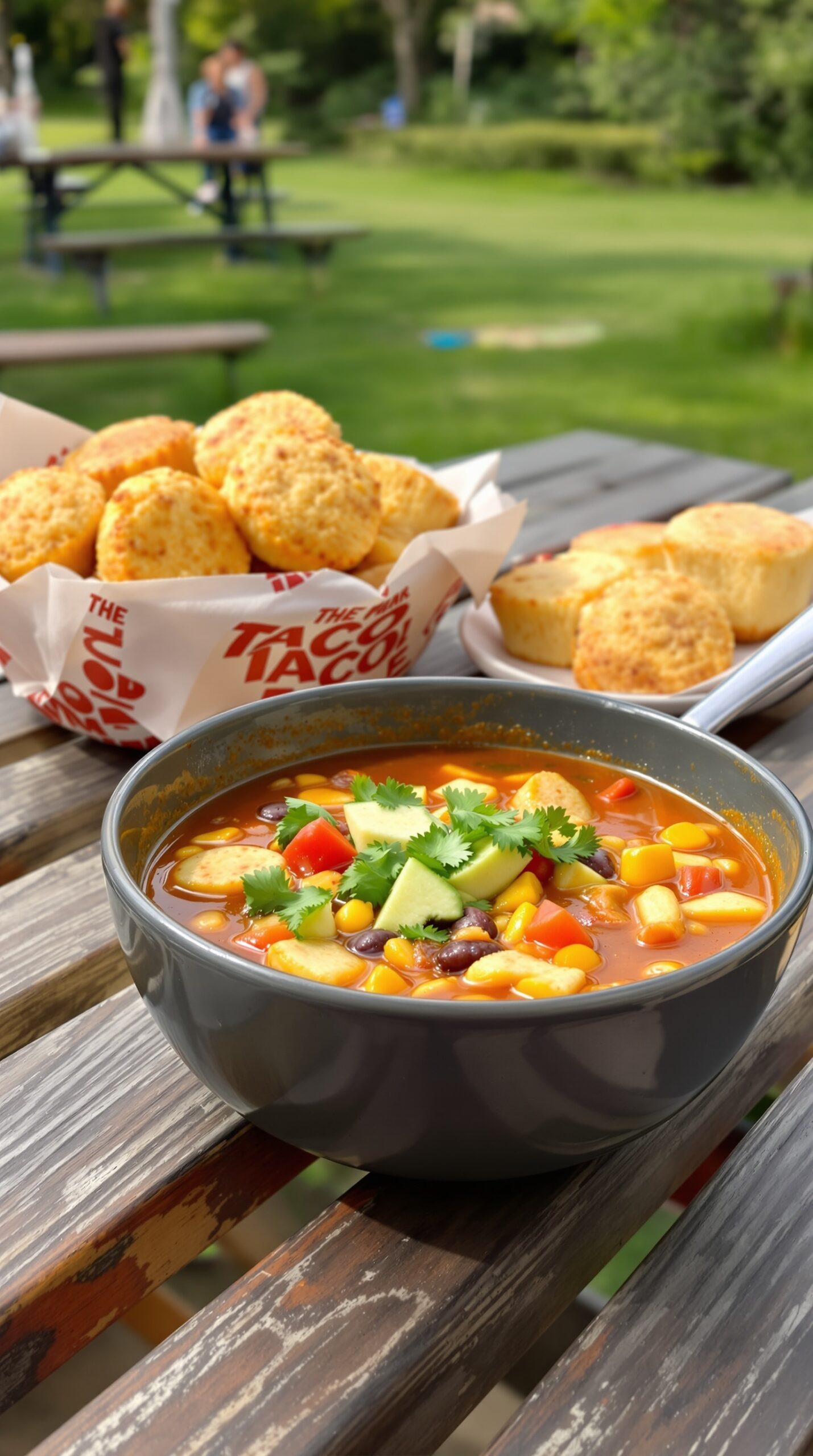 A bowl of colorful taco soup with cornbread muffins on the side.