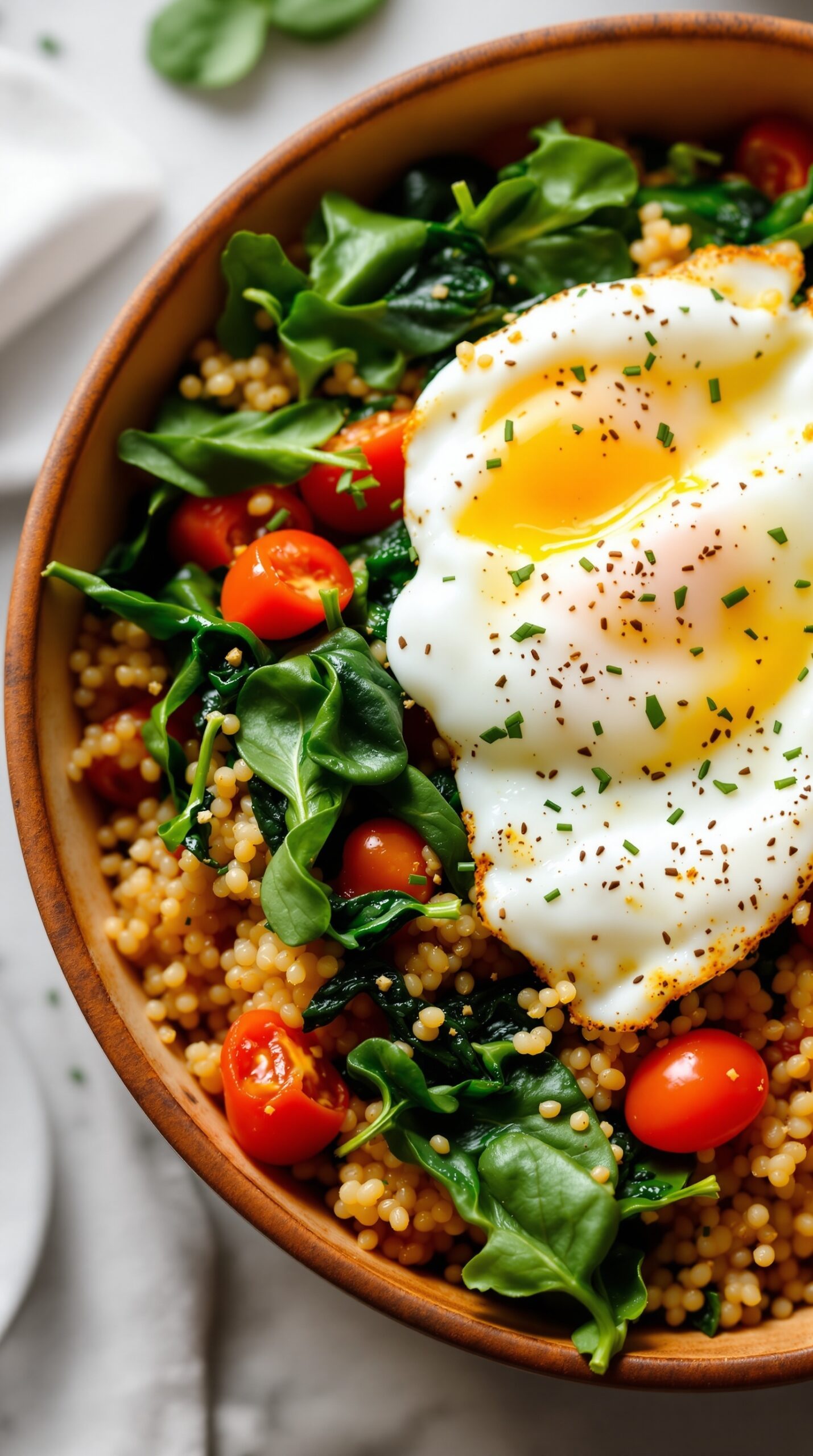 A savory quinoa and spinach breakfast bowl topped with a poached egg, cherry tomatoes, and fresh spinach.