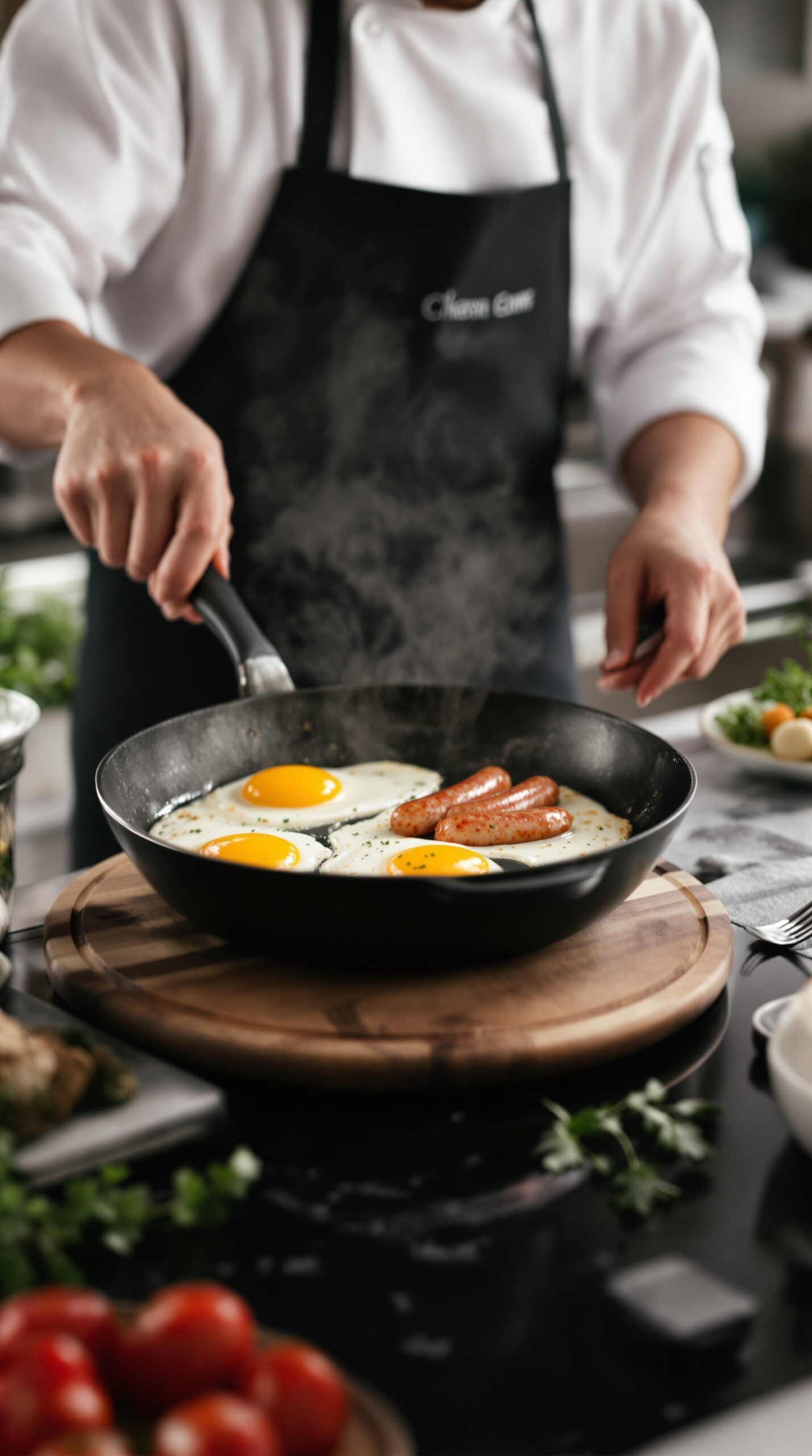 A chef cooking eggs and sausages in a frying pan for an English breakfast.