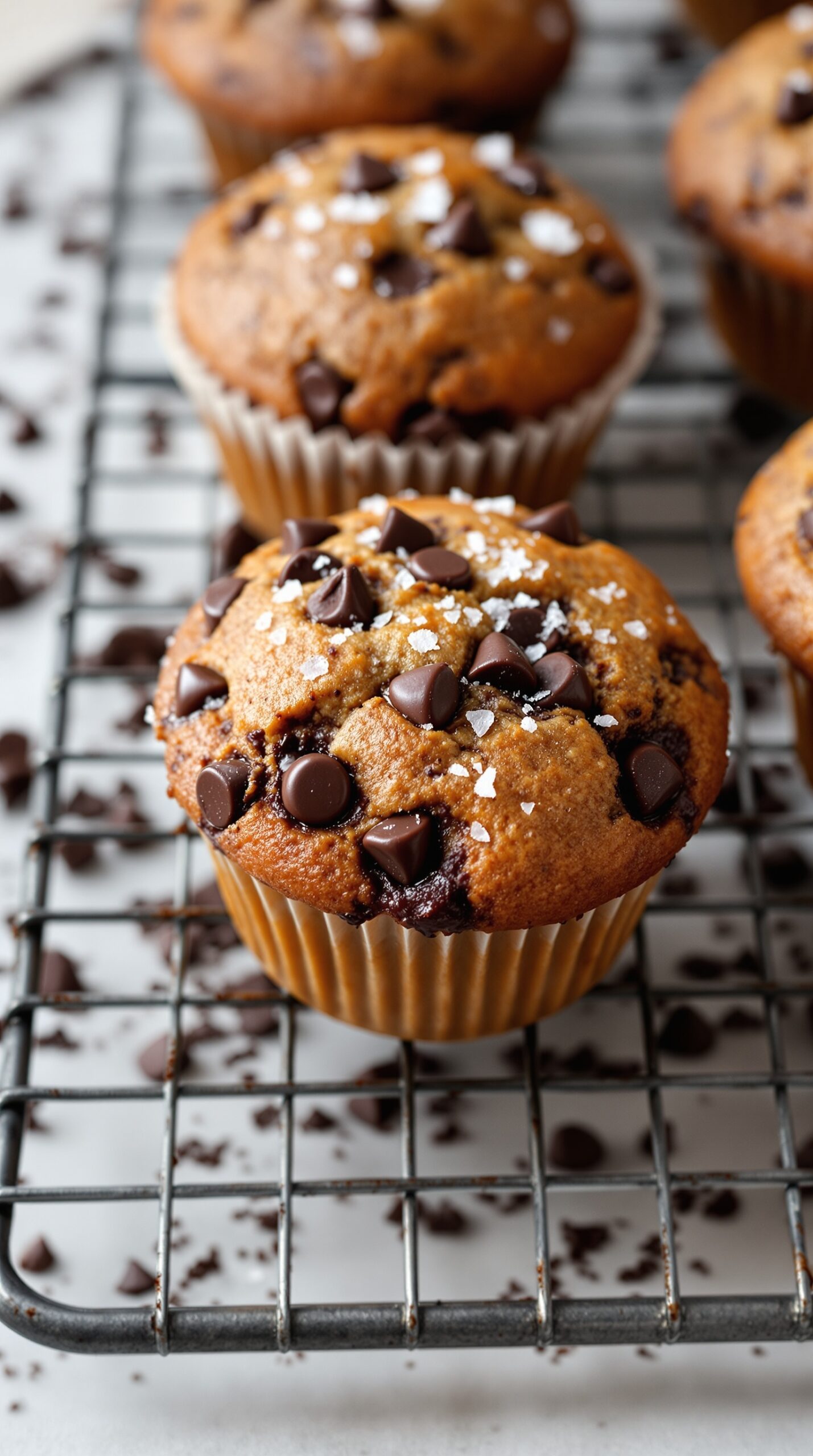Freshly baked chocolate chip muffins topped with sea salt on a cooling rack.