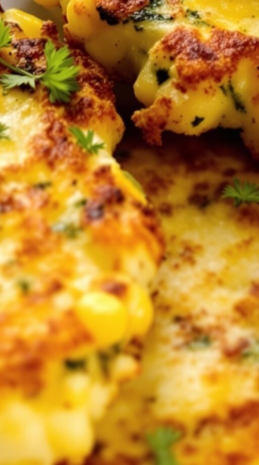 Delicious zucchini and corn fritters served on a plate, garnished with fresh herbs and a dollop of sour cream.