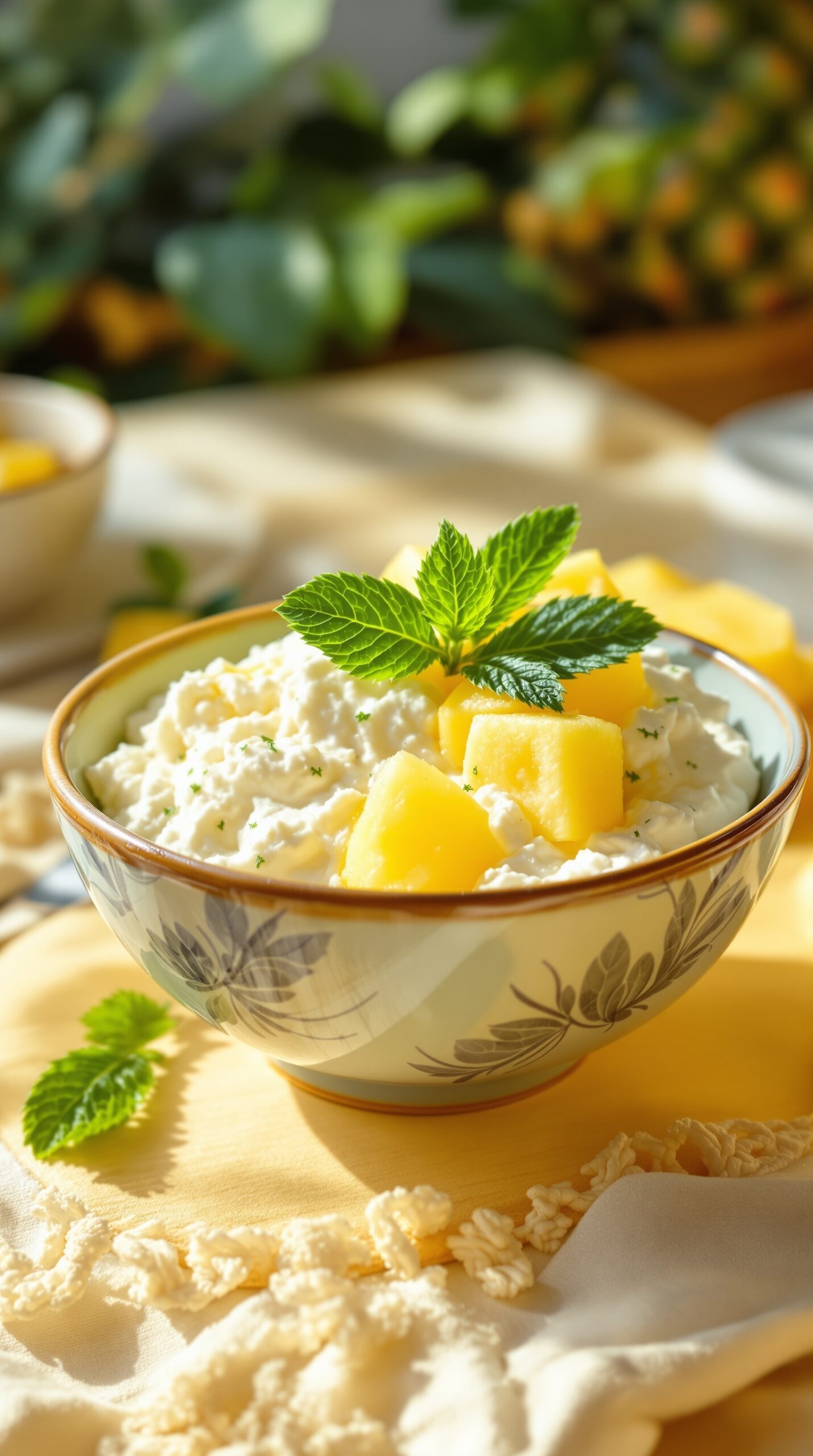 A bowl of cottage cheese topped with pineapple and mint leaves, set on a yellow tablecloth.