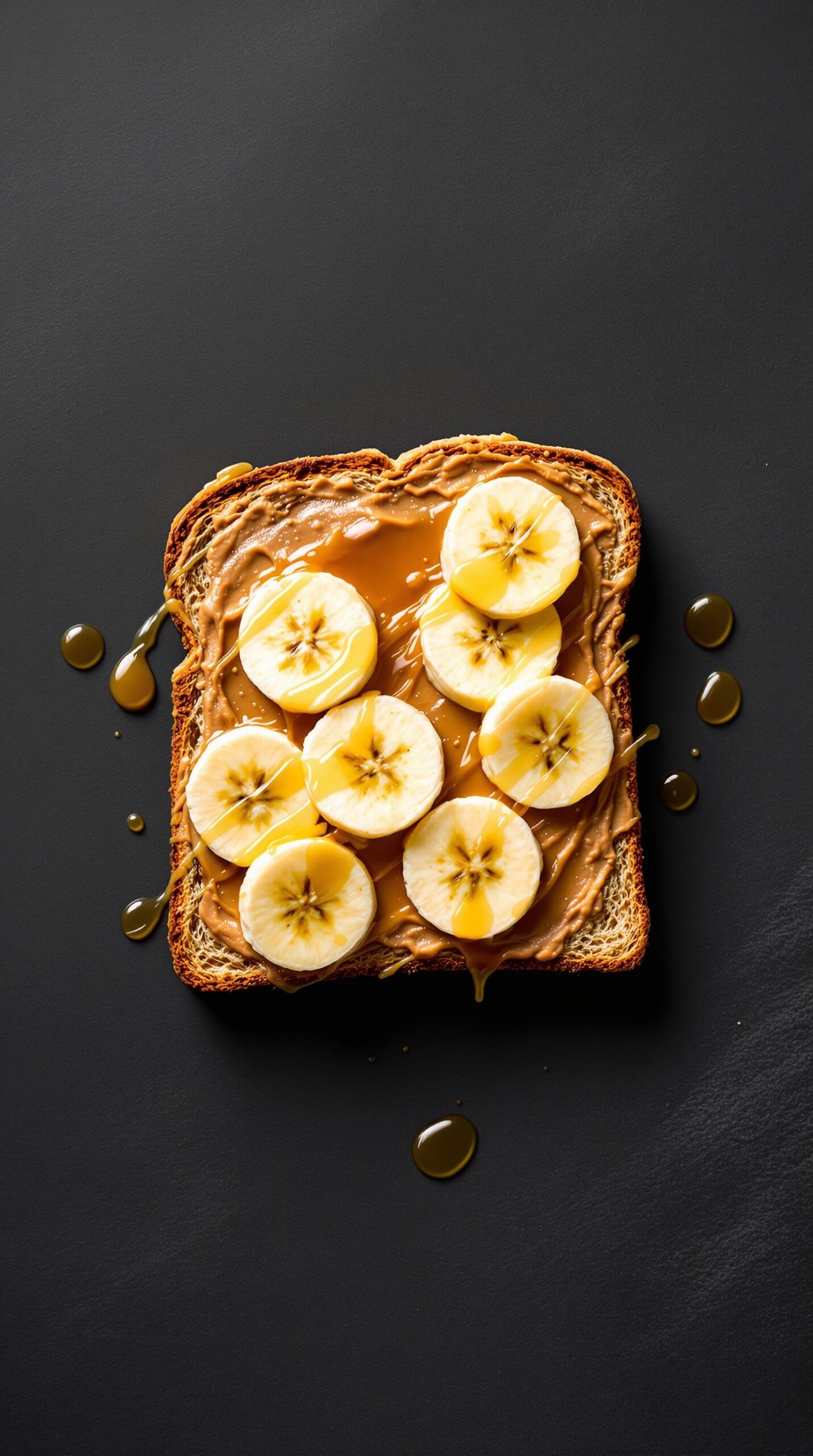 A slice of toast topped with peanut butter and banana slices, drizzled with honey.