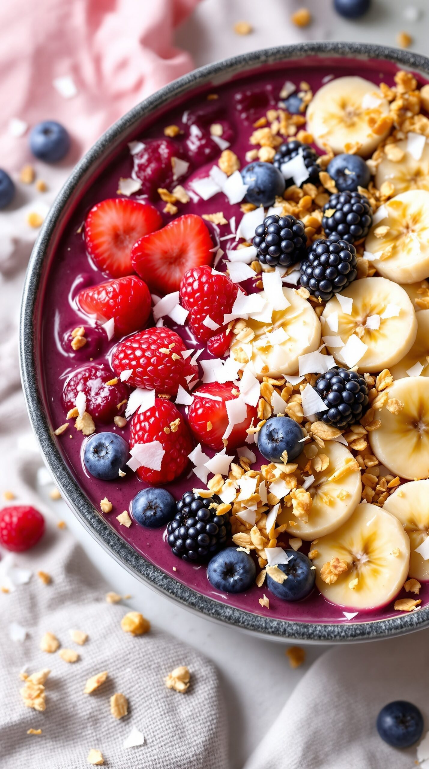 A colorful smoothie bowl topped with granola, fresh berries, and coconut flakes.