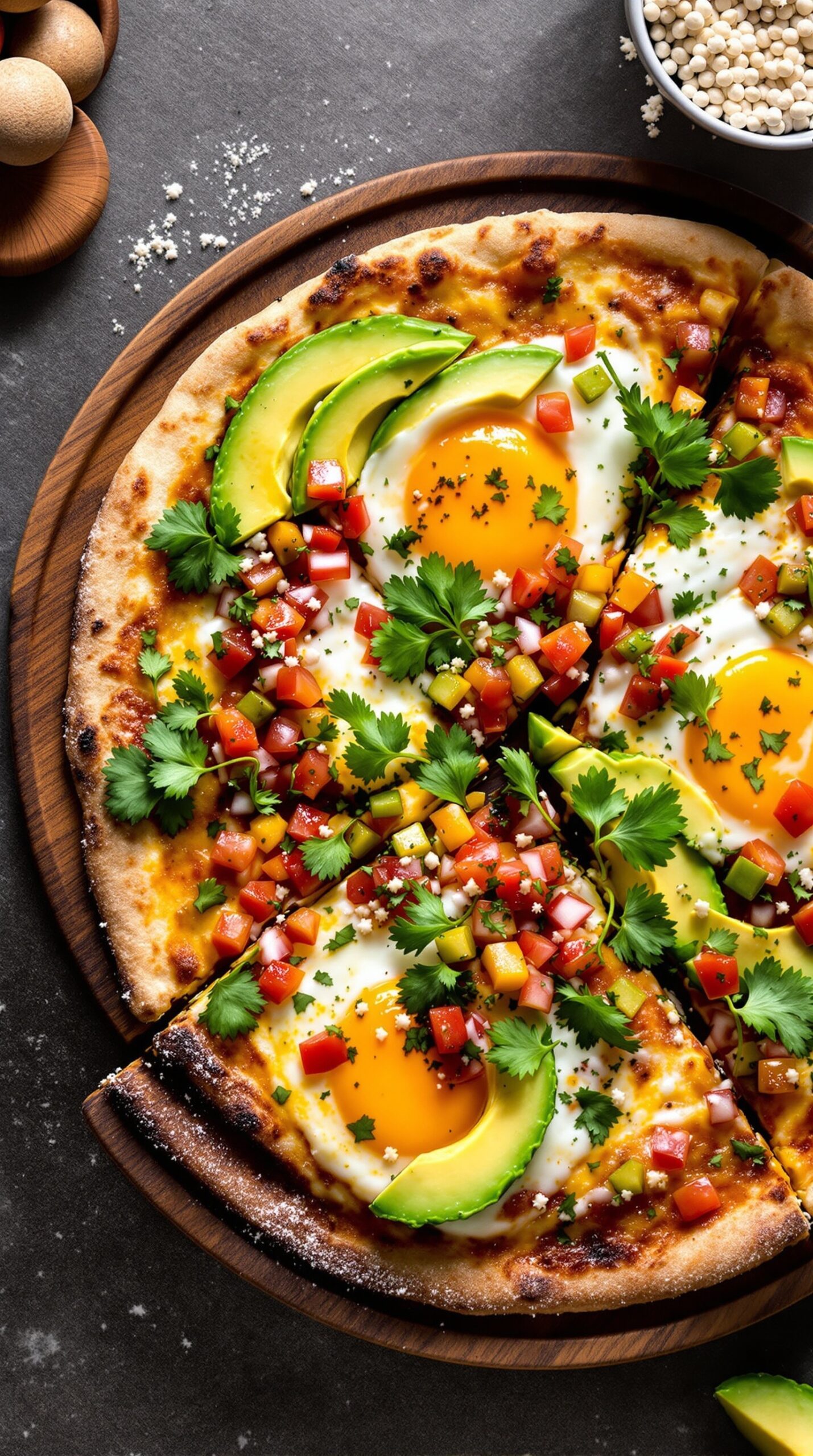 A delicious breakfast pizza topped with avocado, salsa, and eggs