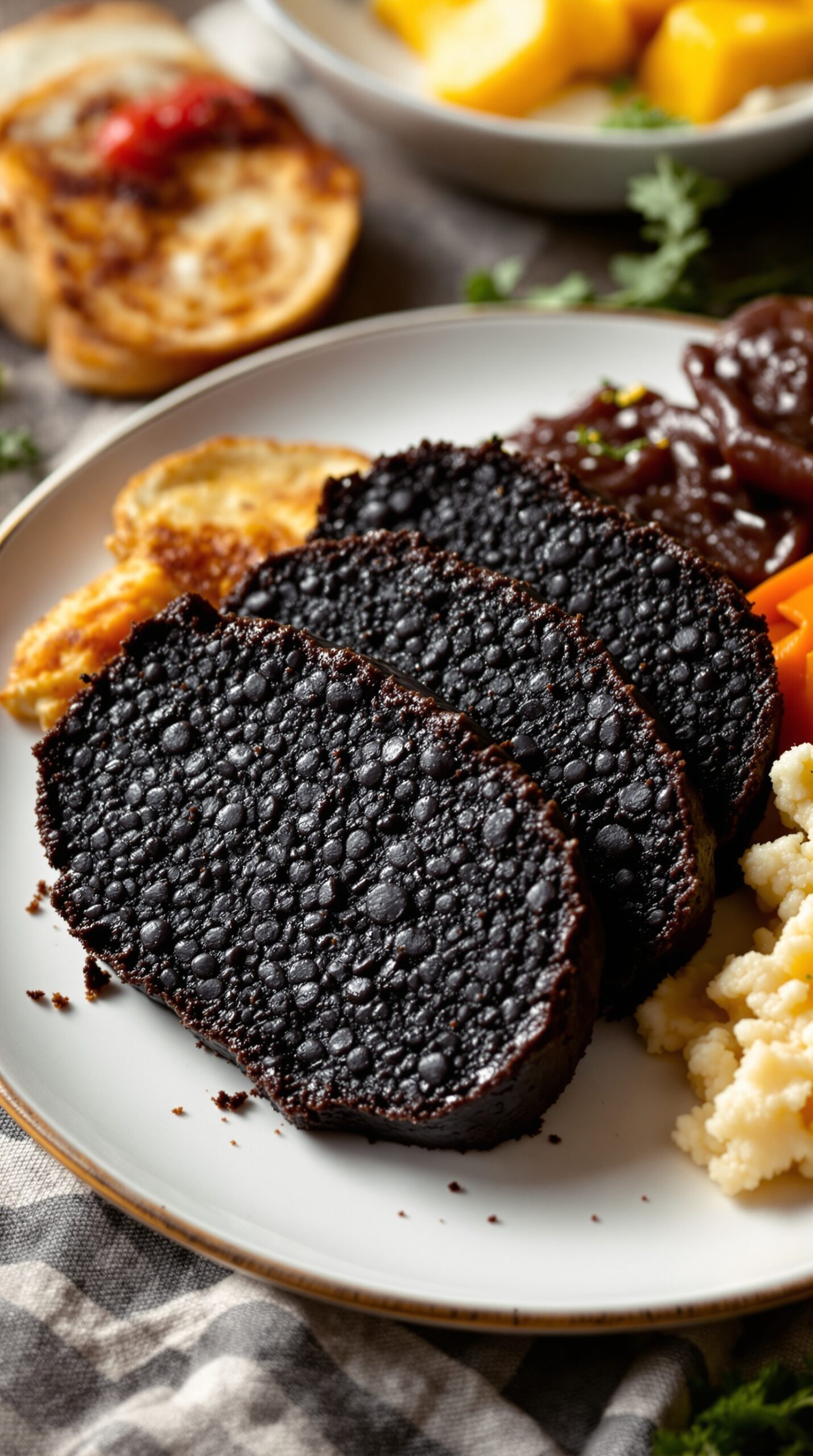 A plate featuring slices of black pudding, alongside traditional English breakfast items.
