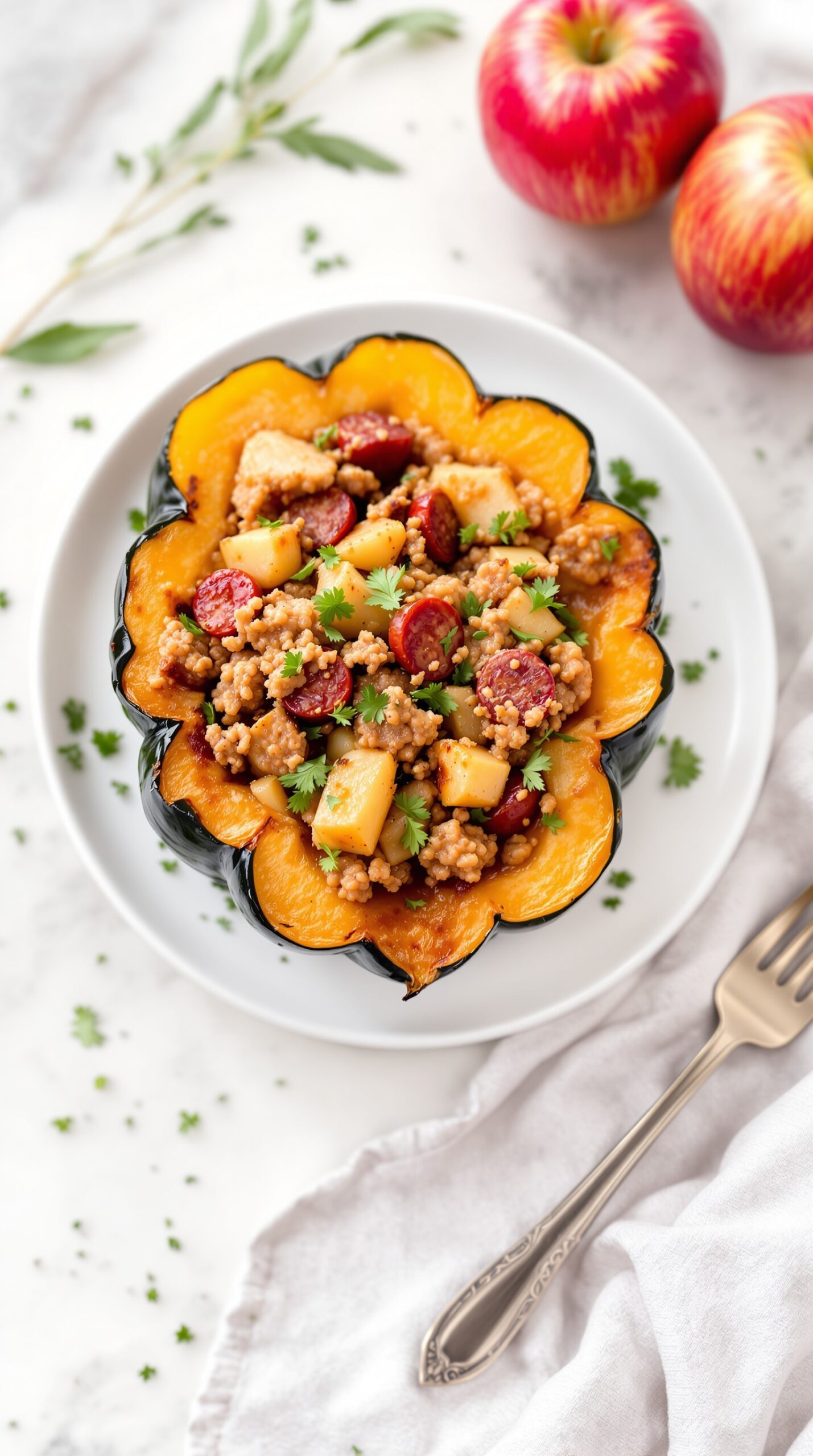 A plate of apple and sausage stuffed acorn squash garnished with herbs, surrounded by fresh apples.