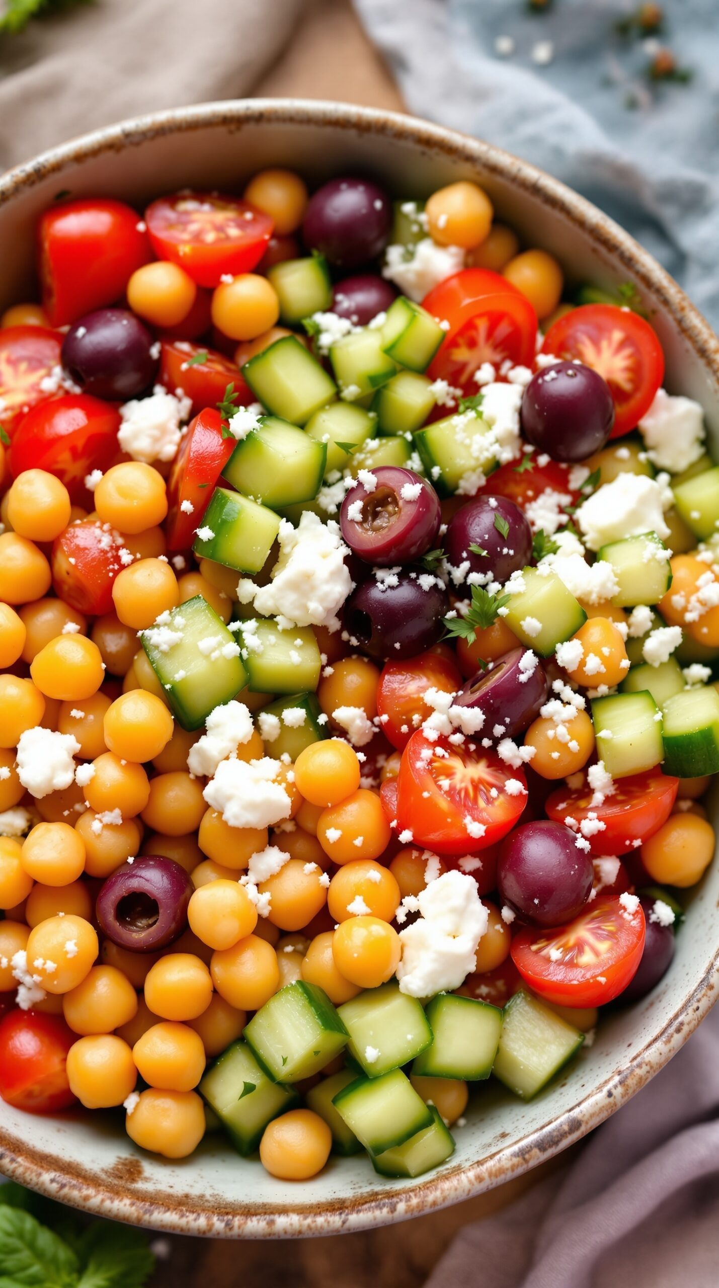 A colorful Mediterranean chickpea breakfast bowl filled with chickpeas, cherry tomatoes, cucumbers, olives, and feta cheese.