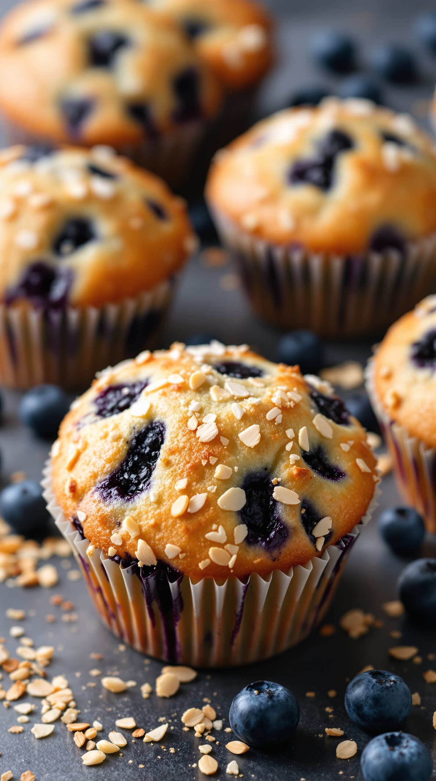 Freshly baked blueberry almond muffins topped with sliced almonds and surrounded by blueberries.