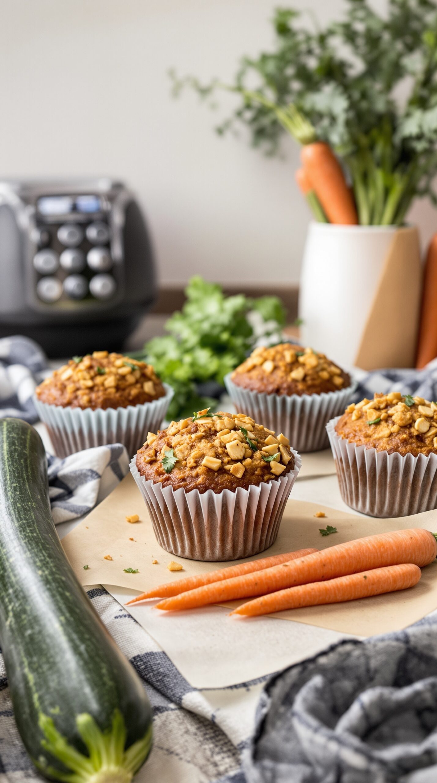 Zucchini and carrot muffins with fresh vegetables in a cozy kitchen setting.