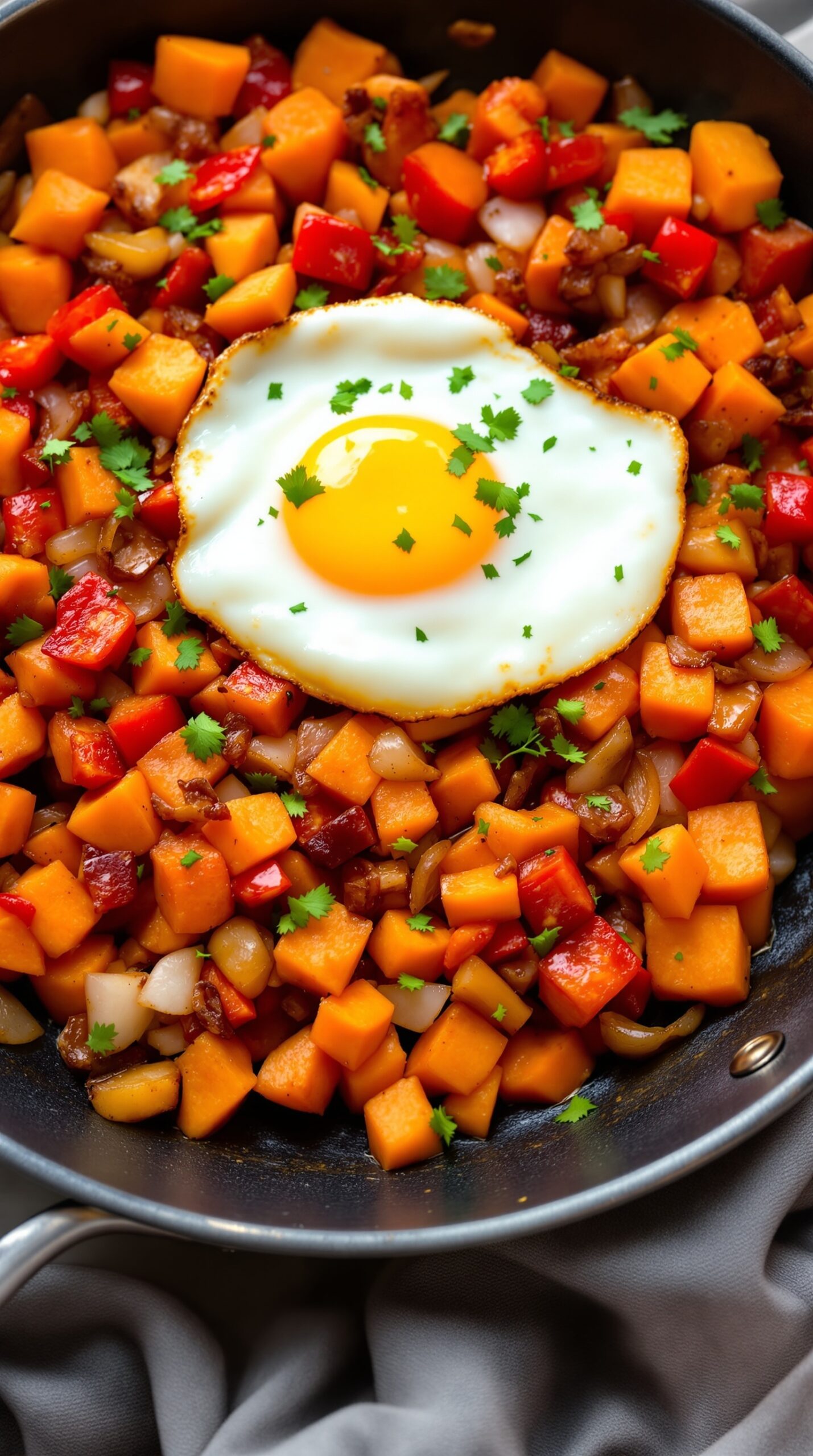 A colorful sweet potato hash with red bell peppers, onions, and a fried egg on top.