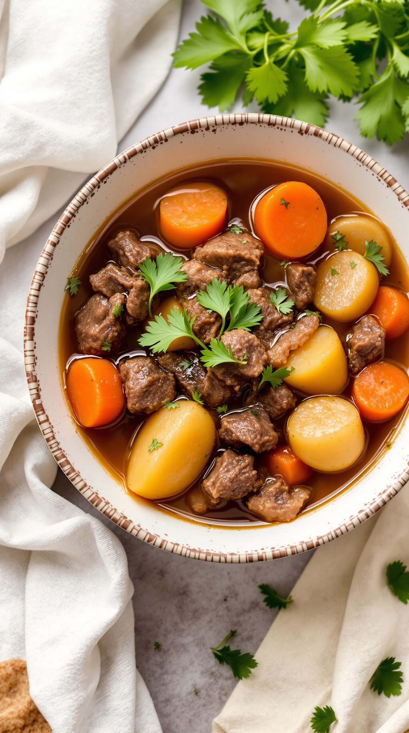 A bowl of hearty beef stew with carrots and potatoes garnished with parsley.