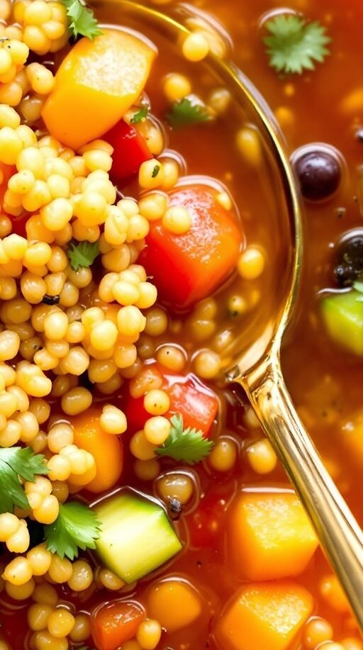 A colorful bowl of quinoa taco soup with vegetables and cilantro