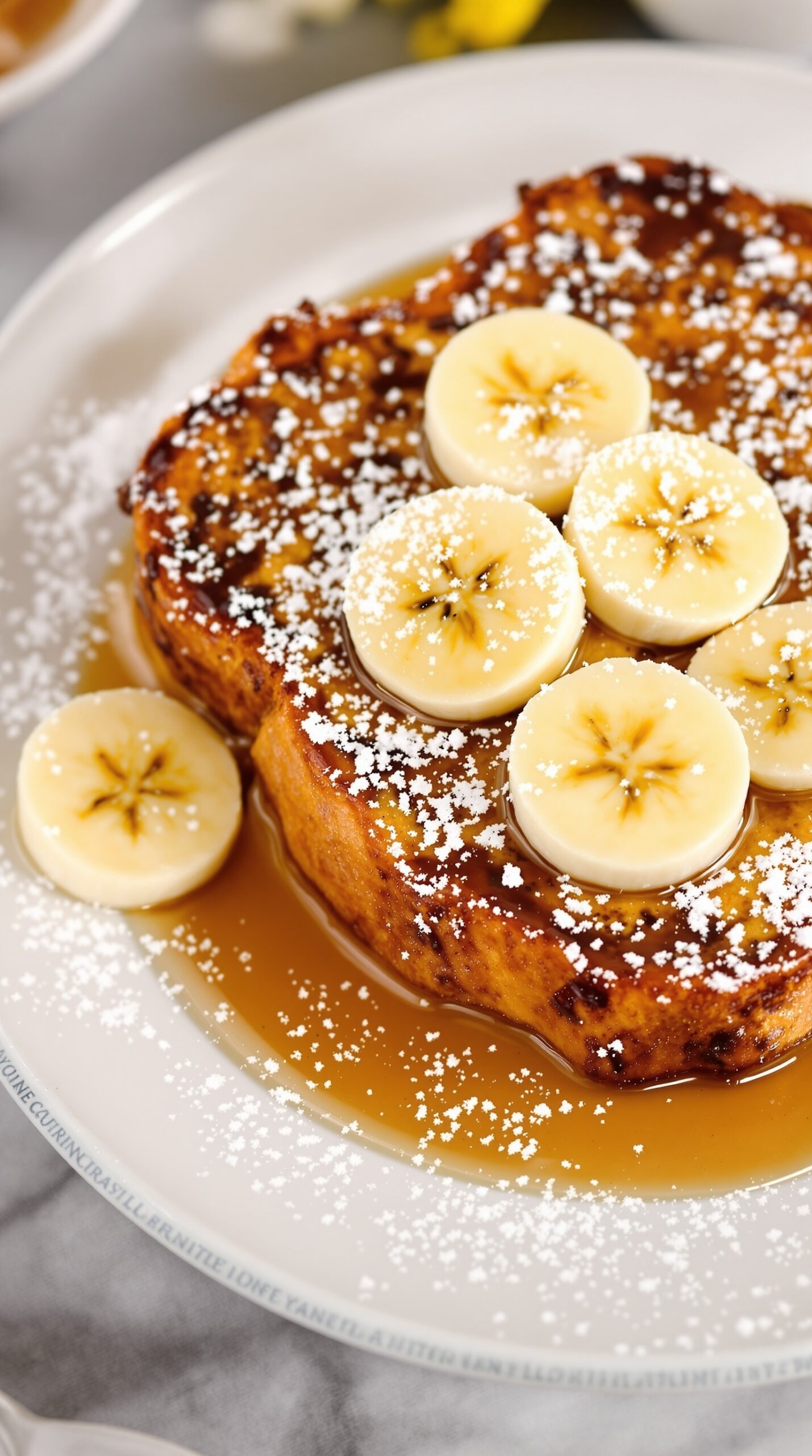 Delicious Banana Bread French Toast topped with banana slices and powdered sugar