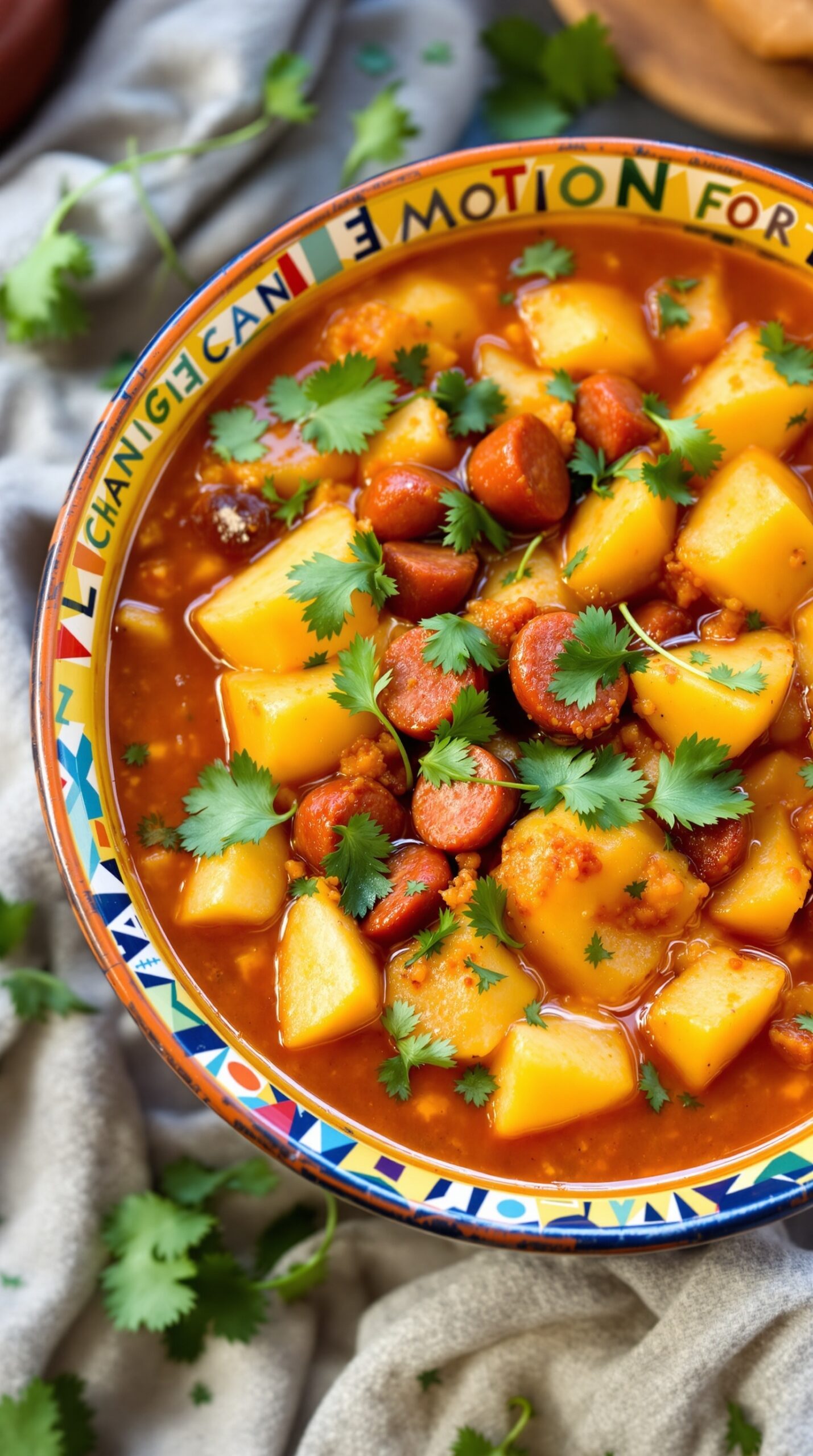 A bowl of spicy potato and chorizo soup garnished with cilantro.