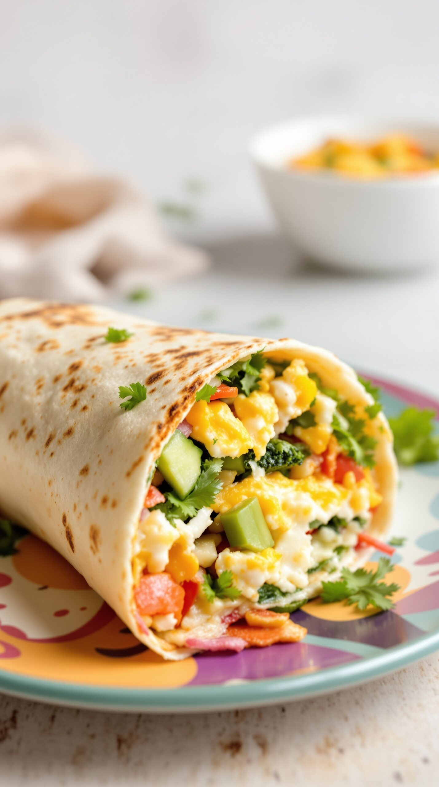 A close-up of an egg white breakfast burrito filled with vegetables and cheese on a colorful plate.