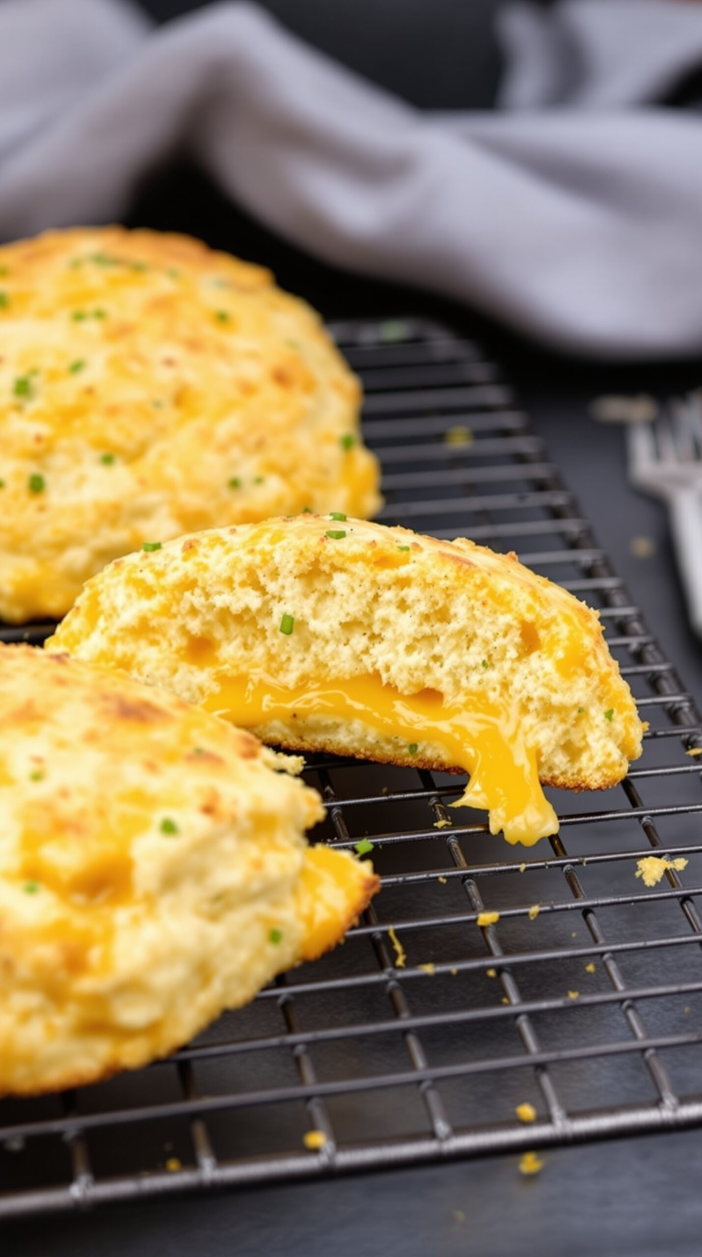 Cheddar and chive scones with melted cheese inside, freshly baked and placed on a cooling rack.