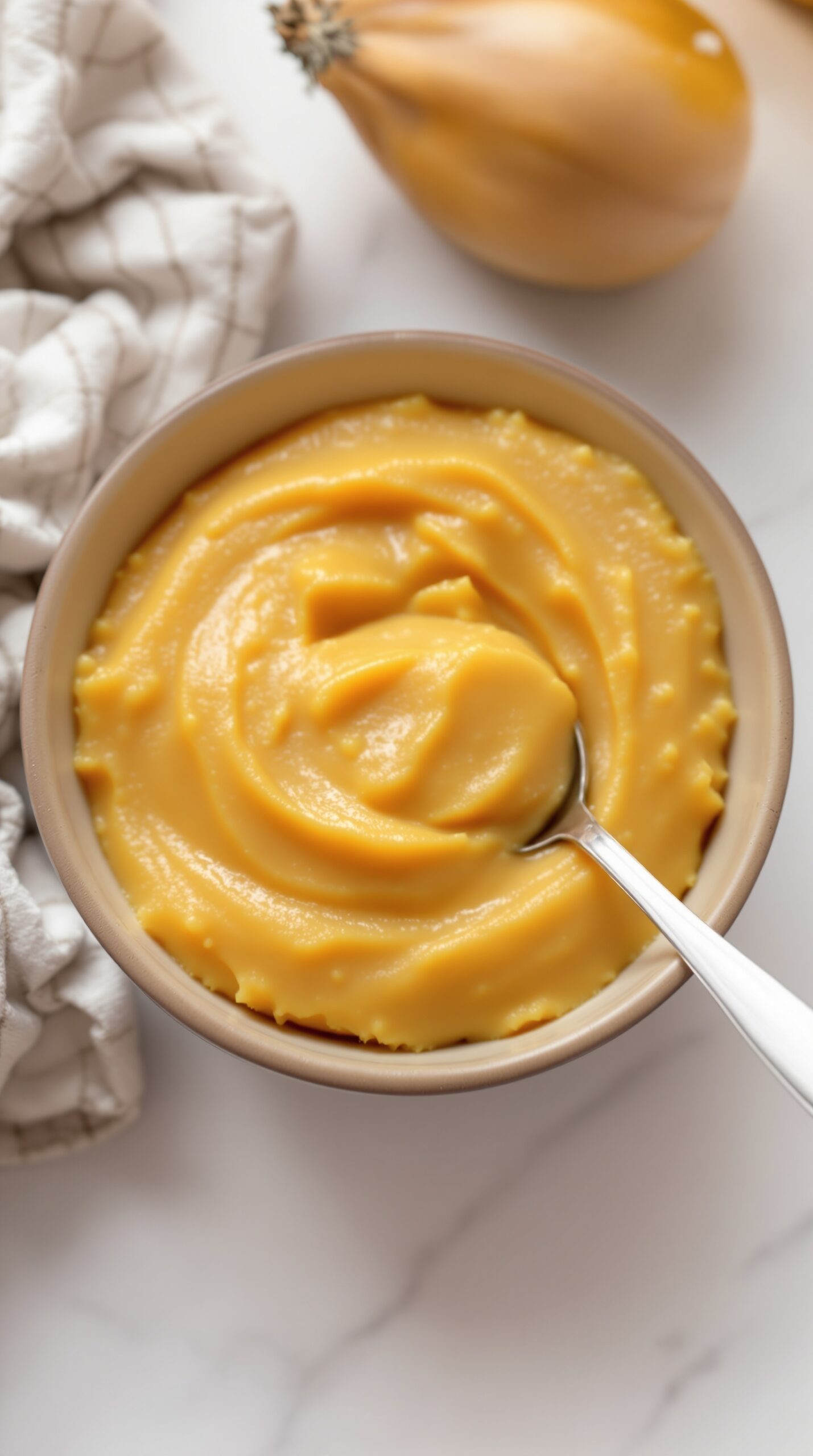 A bowl of smooth acorn squash puree with a spoon beside it.