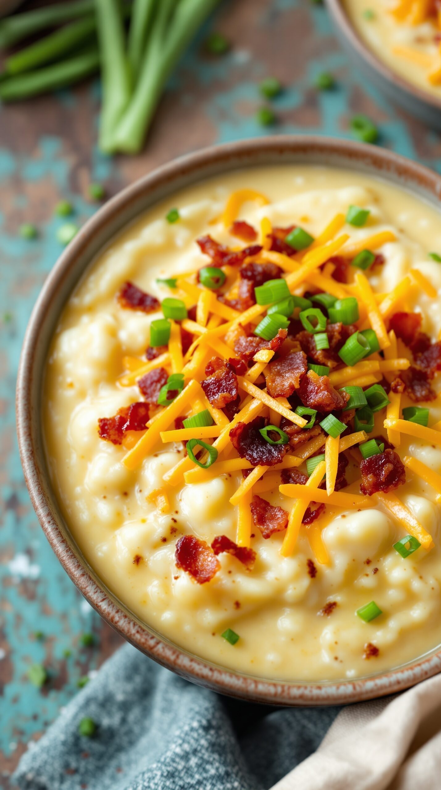 A bowl of creamy loaded baked potato soup topped with cheese, bacon, and green onions.