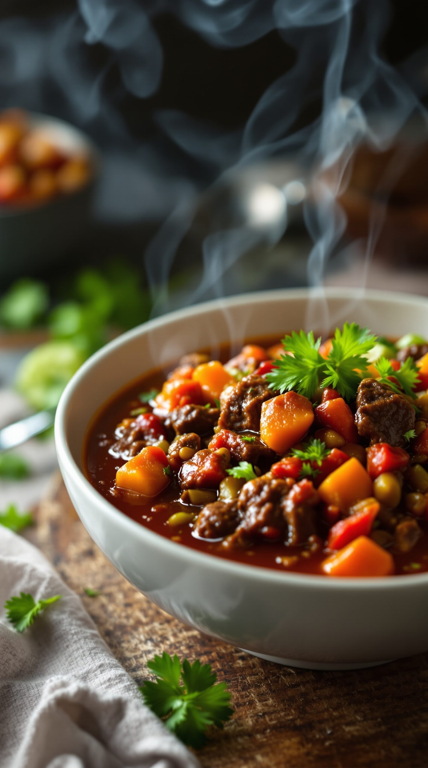A steaming bowl of spicy chipotle beef stew with colorful vegetables and herbs.