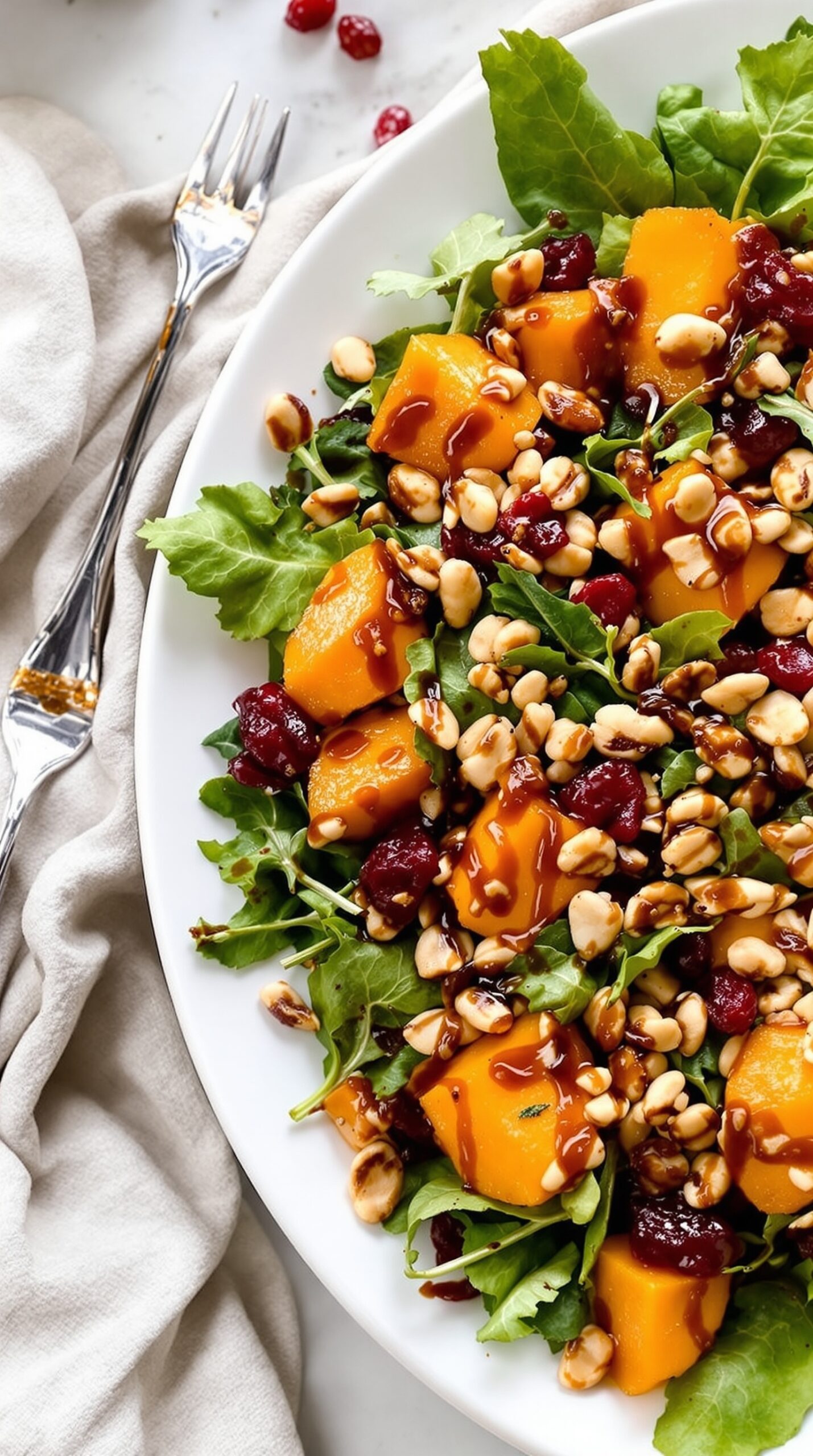 A vibrant roasted butternut squash salad with greens, cranberries, and peanuts.