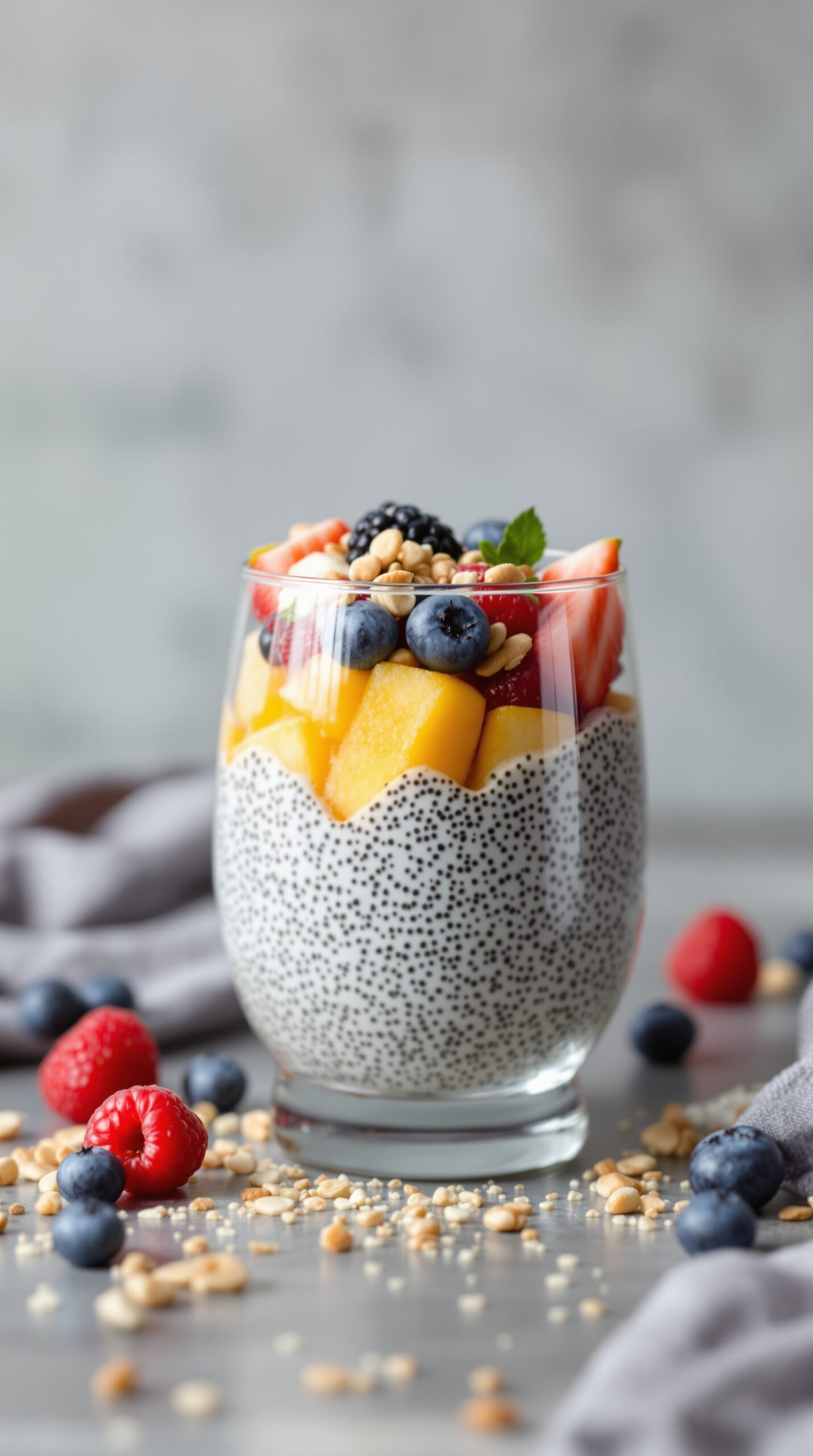 A glass of chia seed pudding topped with fresh fruits and nuts
