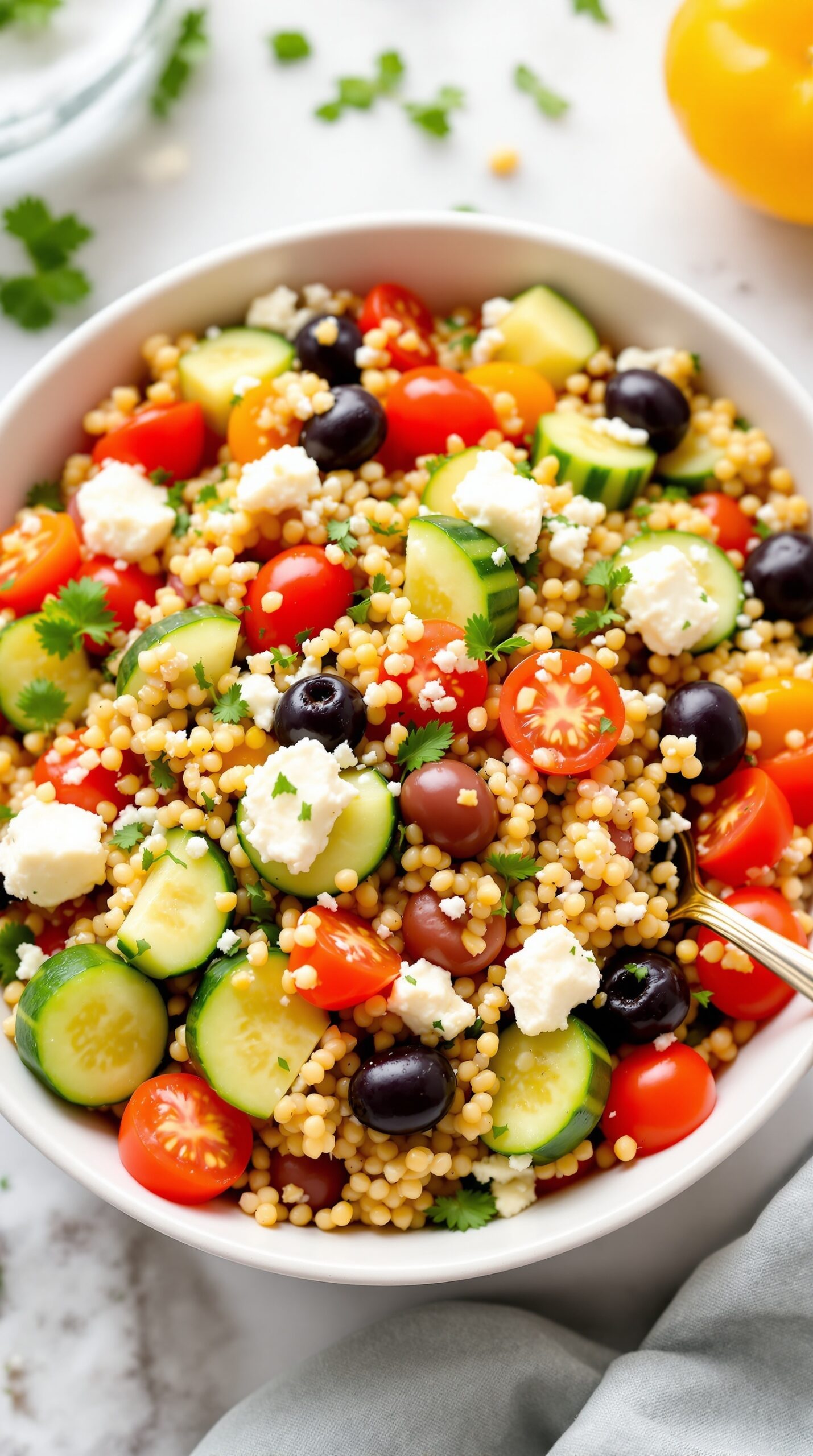 A bowl of Mediterranean Quinoa Salad with colorful vegetables and feta cheese.