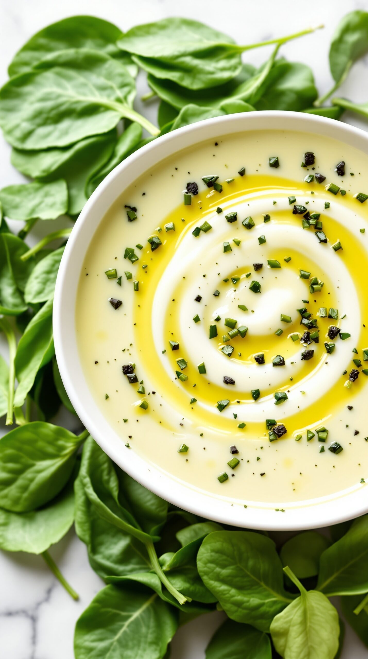 A bowl of herbed potato and spinach soup garnished with olive oil and herbs, surrounded by fresh spinach leaves.